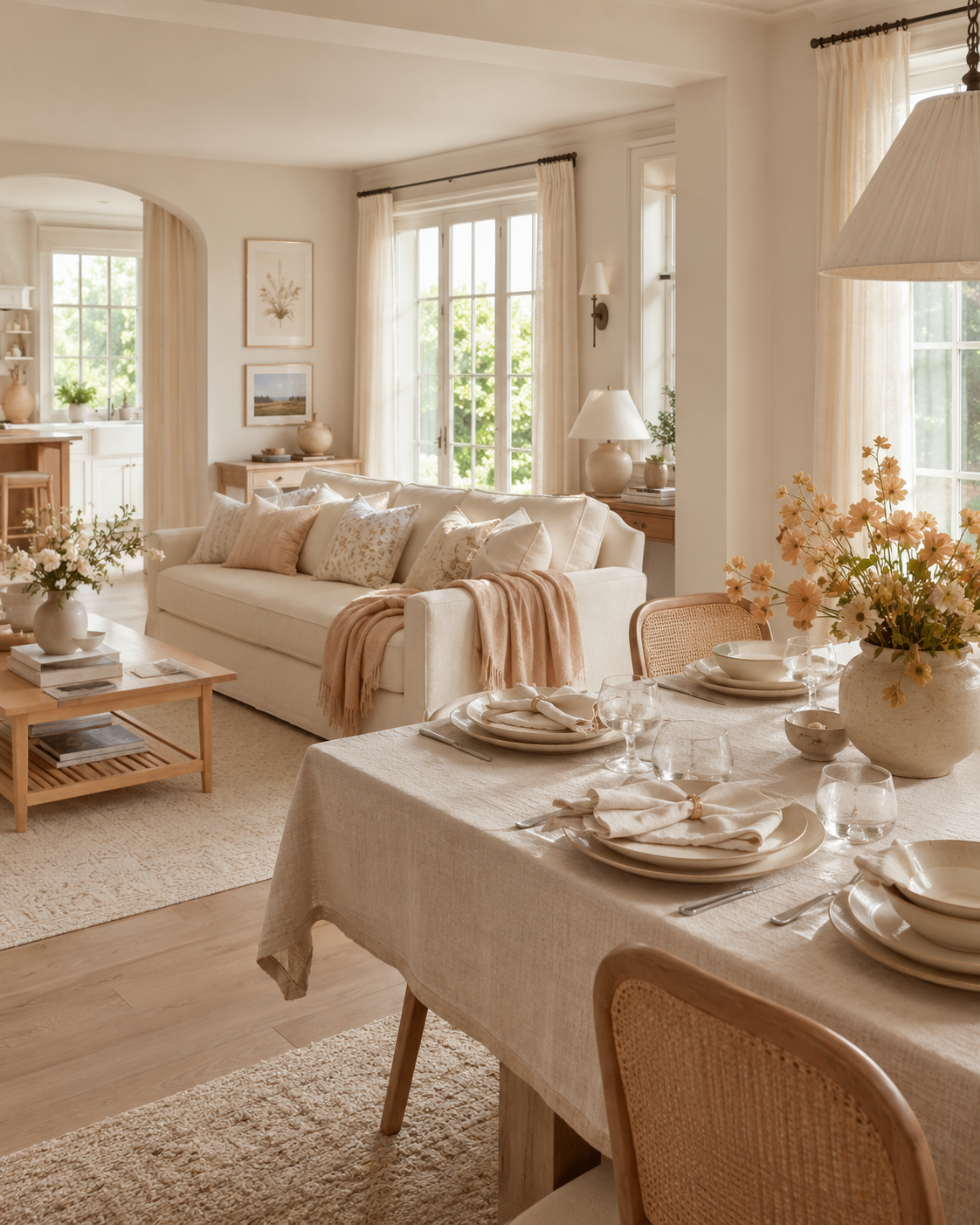Cream style open living and dining room with soft sofa, neutral rug, linen tablecloth, ceramic tableware, cotton napkins and soft natural light
