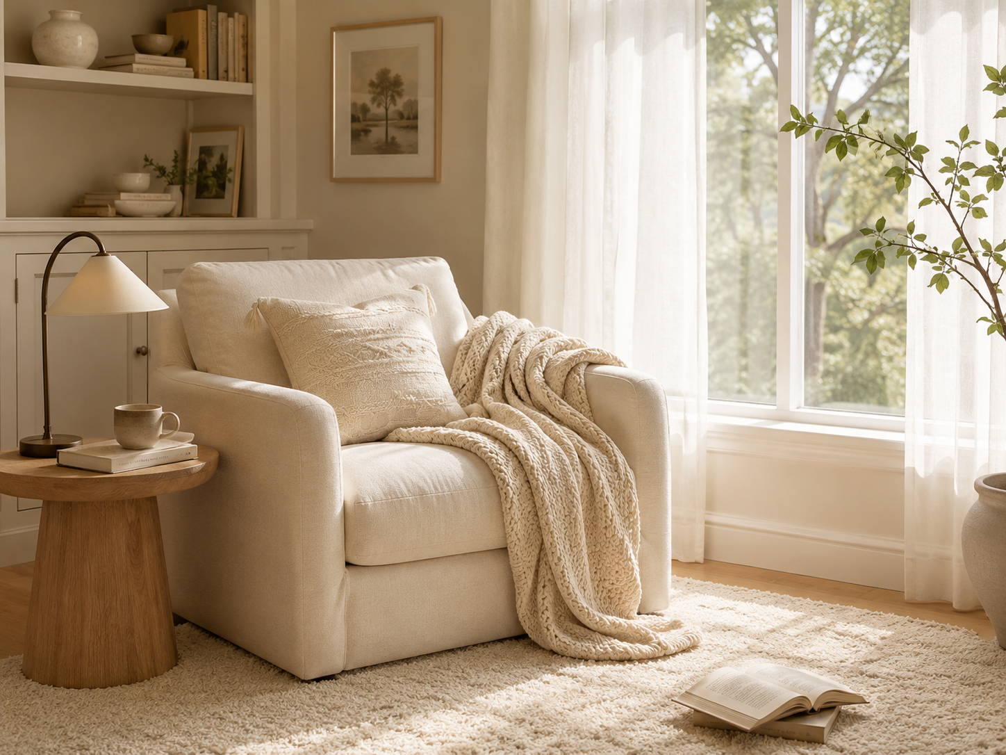 Cream style reading corner with a light beige armchair, soft cushion, chunky knit throw, pale rug, wood side table, ceramic cup and soft daylight through sheer curtains